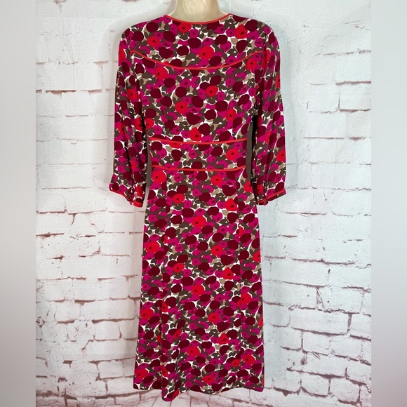 VTG BODEN Mod Floral Print Reds Oranges Tan Faux Wrap 3/4” Sleeve Dress Size 10L - Picture 7 of 15